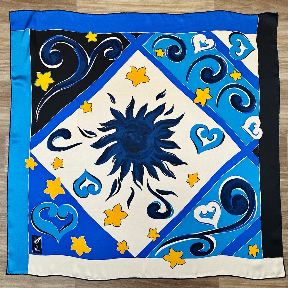 Vintage YVES SAINT LAURENT Rare Sun & Stars Themed Square Silk Scarf, 33.5” - Picture 10 of 10